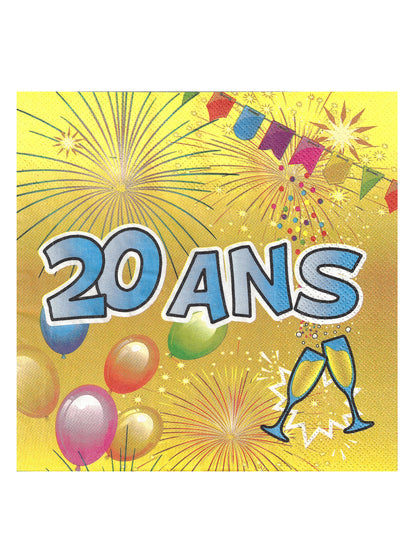 20 Serviettes en papier 20 ans Anniversaire Fiesta